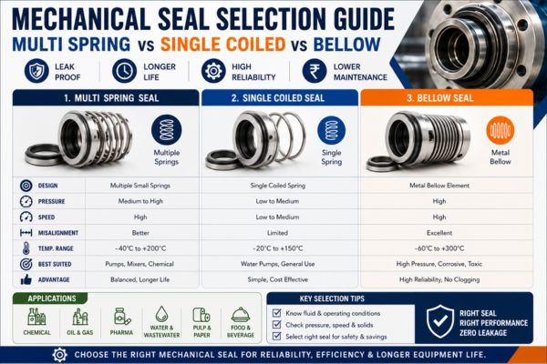Infographic comparing multi-spring, single-coiled, and bellow mechanical seals with specification tables for pressure, temperature, and ideal applications.